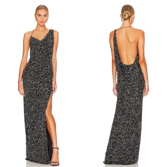 Retrofete Celine Sequin Asymmetrical Shoulder Draped Black Maxi Dress Size L - Picture 1 of 9